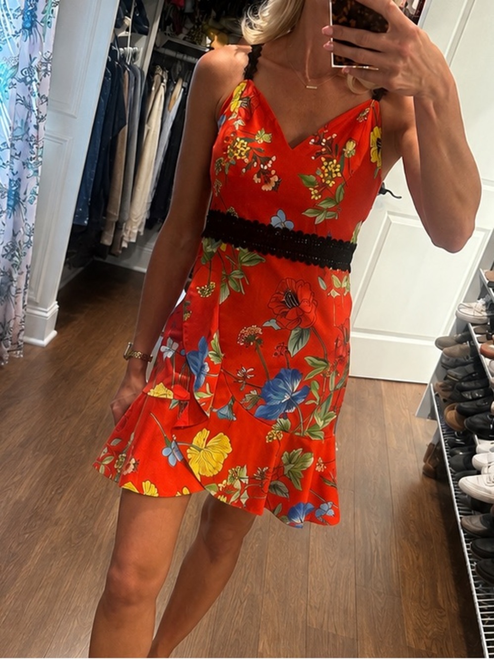 Alice + Olivia Rapunzel Red Floral Lace Trim Fit & Flare Mini Dress Size 4